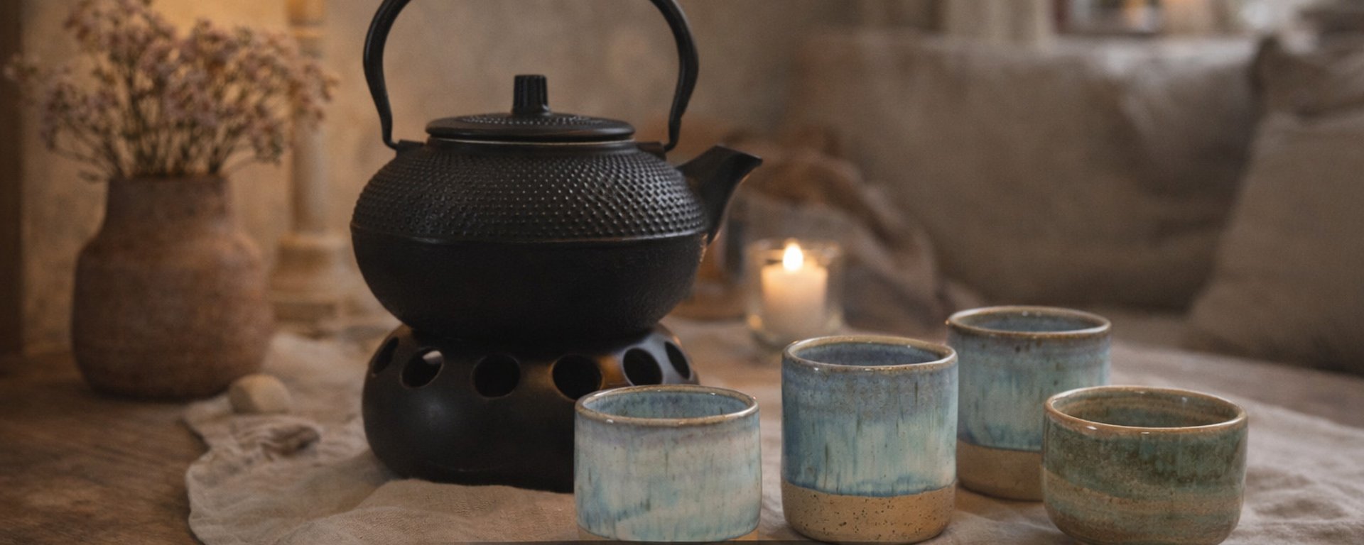 Sort støbejerns tekande med håndtag og fire keramiske kopper på et bord dækket med dug i et hyggeligt rum med blødt lys.