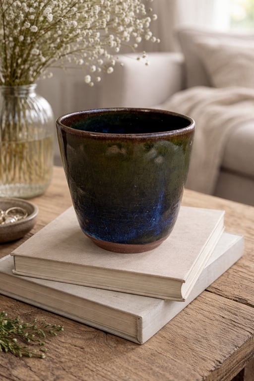 Sort og blå keramikkrukke på to stabler beige bøger på et træbord med en vase med hvide blomster og en grå skål i baggrunden.