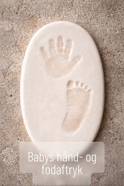 Babys hånd- og fodaftryk i hvidt gips på grå overflade.