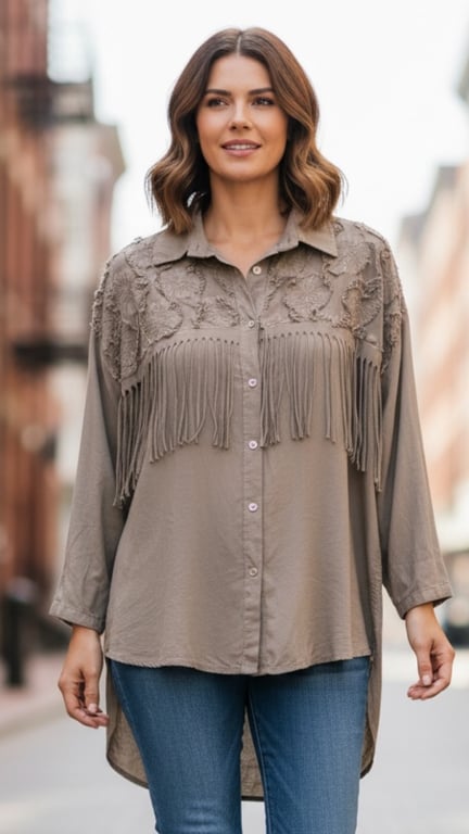 Kvinde iført beige skjorte med frynser og broderi, stående udenfor på en bygade.