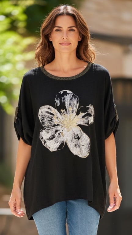 Kvinde med langt brunt hår iført sort bluse med stor hvid blomst og lyseblå jeans, stående udendørs.