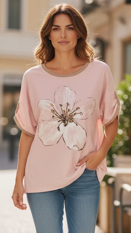 Kvinde med bølget brunt hår iført lyserød T-shirt med stor blomst foran og blå jeans, stående udendørs i en bymiljø.