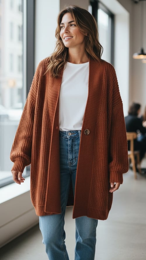 Kvinde iført hvid t-shirt, blå jeans og stor brun strikket cardigan, stående indendørs ved et vindue. (1)