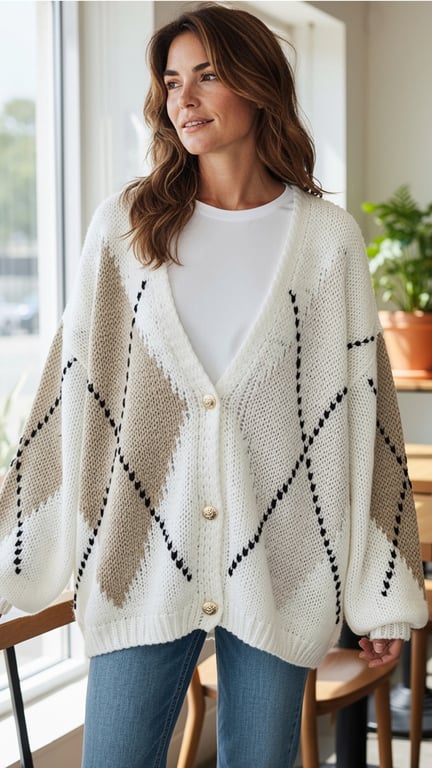 Kvinde iført stor, hvid cardigan med beige og sorte ruder, hvid t-shirt og blå jeans, stående indendørs ved vindue.