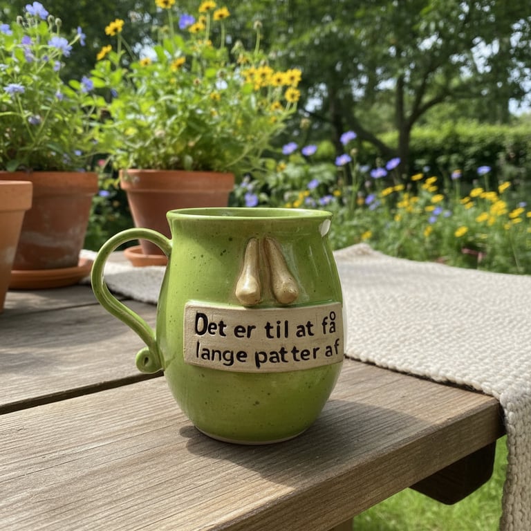 Keramik krus med tekst, Det er til at få lange patter af. 