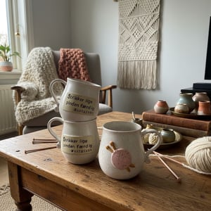 Keramik krus med tekst, Strikker lige pinden færdig.  – produktbillede