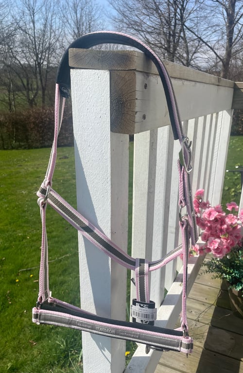 Grime i rosa og grå hængende på en hvid trægelænder på en terrasse med grøn græsplæne og blomster i baggrunden. (1)