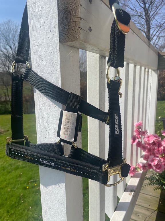 Sort Eskadron grime med guldspænder hængende på hvidt plankeværk udendørs med en grøn græsplæne og blomstrende pink blomster i baggrunden.