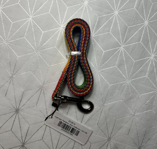 Farverigt flettet hundesnor med metalclips og prismærke på gråt mønstret stof. (1)