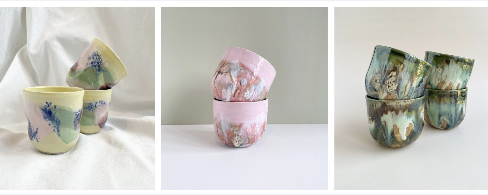 Tre billeder af keramikkrus i pastel- og jordfarver, arrangeret i grupper af to eller fire, med bløde, flydende glasurdesigns på hvid og grå baggrund.