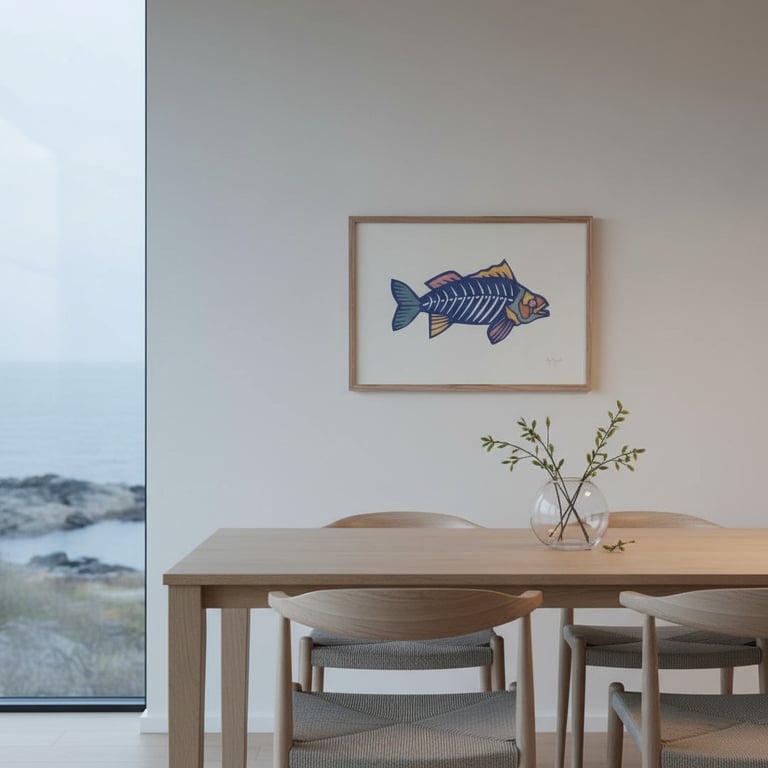 Spisestue med lyst træbord og stole, en glasvase med grønne grene på bordet, et maleri af en fisk på væggen, og stort vindue med udsigt til kystlandskab.