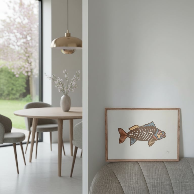 Stue med grå sofa og væg med indrammet maleri af fiskeskelet; rund træspisebord med grå stole og vase med blomster ved stort vindue med udsigt til have.