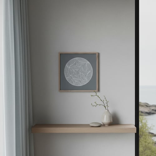 Minimalistisk væg med lyst træhylde, en keramisk vase med en enkelt gren og en rund sten, samt en indrammet abstrakt kunstplakat med mønster i hvide linjer på grå baggrund. (2)