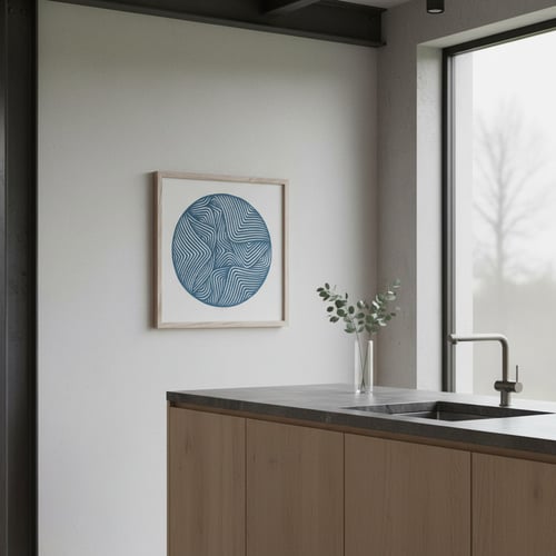 Moderne køkken med træskabe, mørk bordplade med indbygget vask, enkeltvase med grønt blad og abstrakt blå kunstværk på hvid væg, ved stort vindue med udsigt til træer. (2)