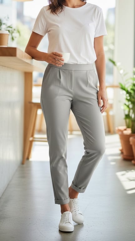 Kvinde iført hvid t-shirt, grå bukser og hvide sneakers, der holder en kop kaffe i et lyst rum.