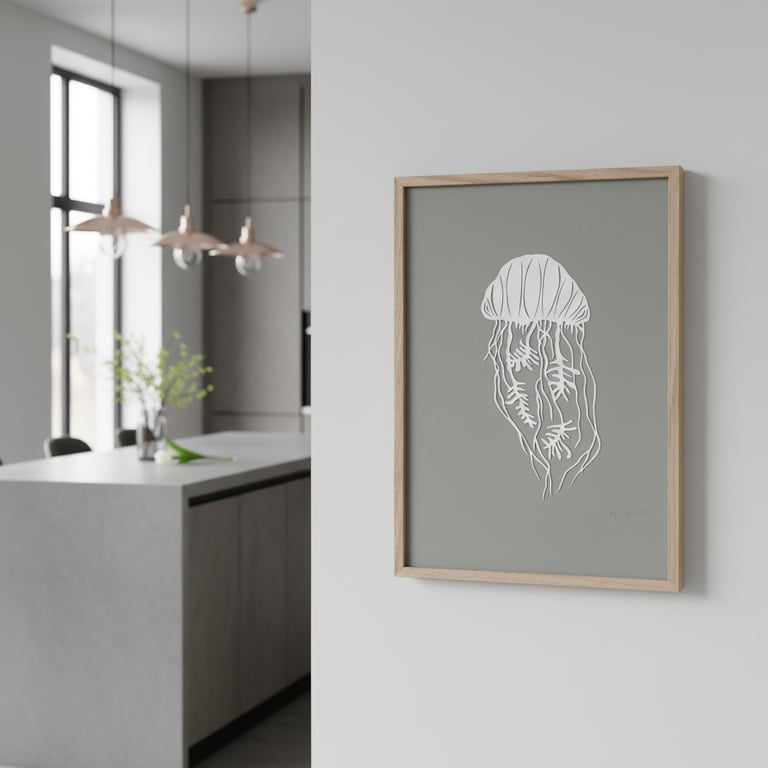 Billedet viser en minimalistisk køkkenindretning med en grå væg, hvor der hænger en indrammet kunstplakat med en hvid linearttegning af en gelémand på grønlige baggrund.