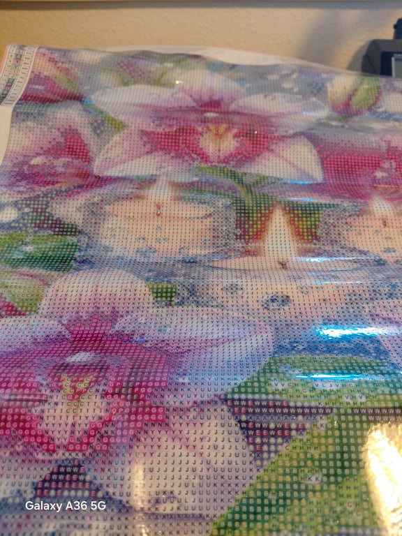 Billede af en diamantmaleri-dukkevifte med farverige blomster, dækket af plastikfolie.
