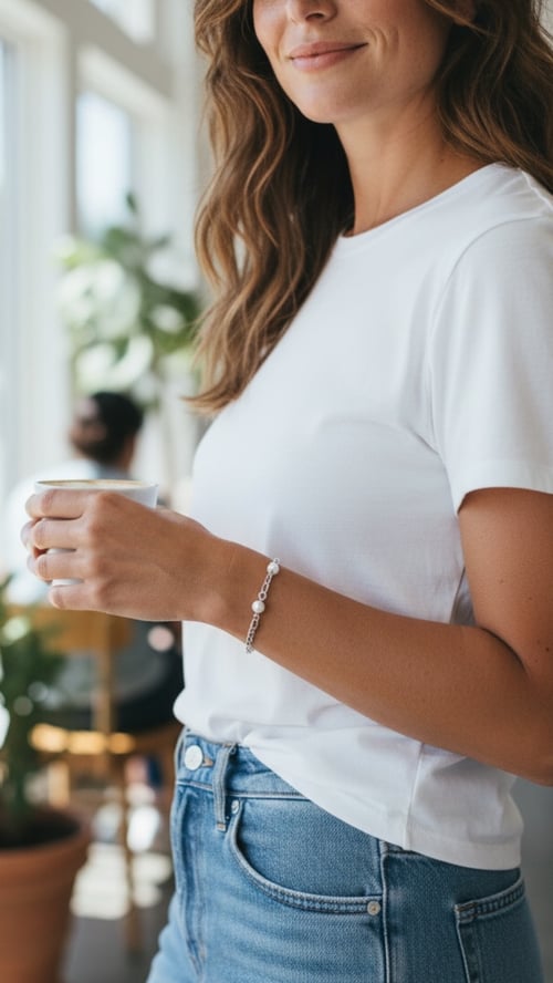 Kvinde i hvid t-shirt og blå jeans, der smilende holder en kop i hånden. (1)