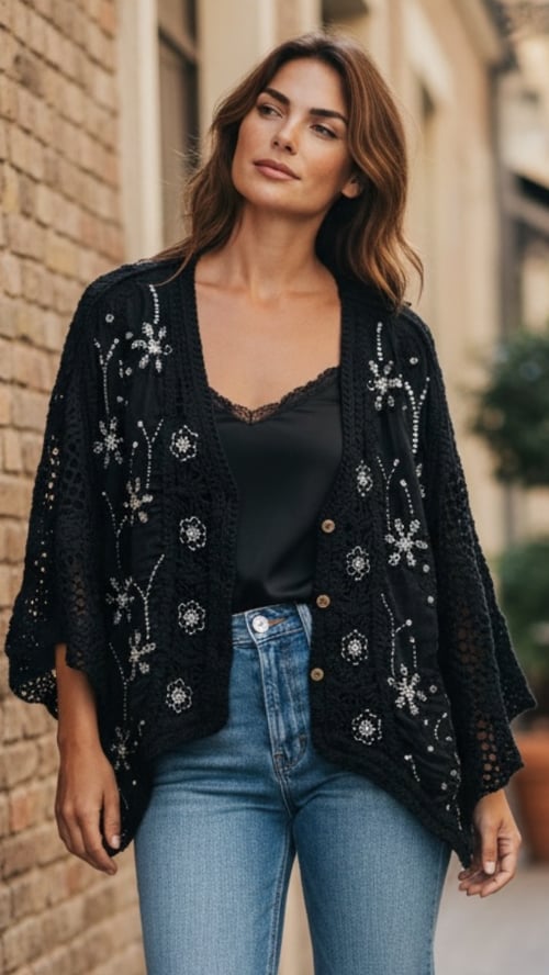 Kvinde iført sort, broderet cardigan med blomster, sort top og blå jeans, stående udendørs ved murstensvæg. (1)