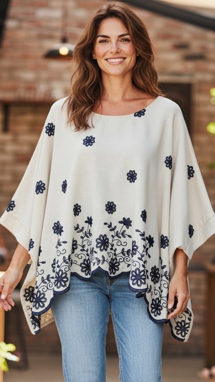 Smilende kvinde iført hvid poncho med blå blomstermønster og blå jeans foran murstensvæg.