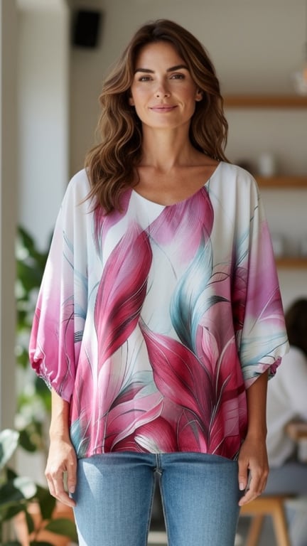 Kvinde med brunt bølget hår iført farverig bluse med blade i pink, røde og blå nuancer og lyseblå jeans, stående indendørs.