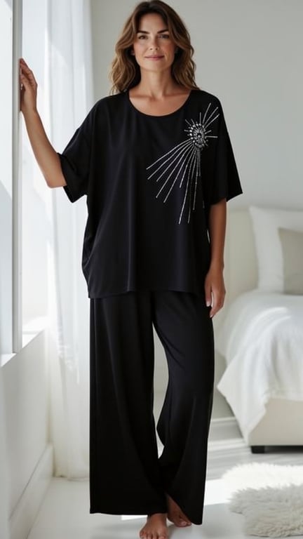 Kvinde iført sort løstsiddende pyjamas med glitrende solmotiv på bluse, stående ved vindue i lyst soveværelse.