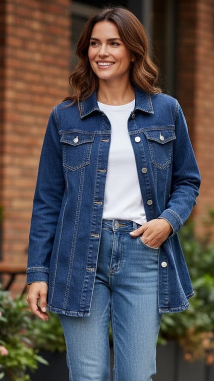Kvinde iført mørkeblå denimjakke, hvid t-shirt og lyseblå jeans, smilende og poserende udendørs foran murstensvæg.