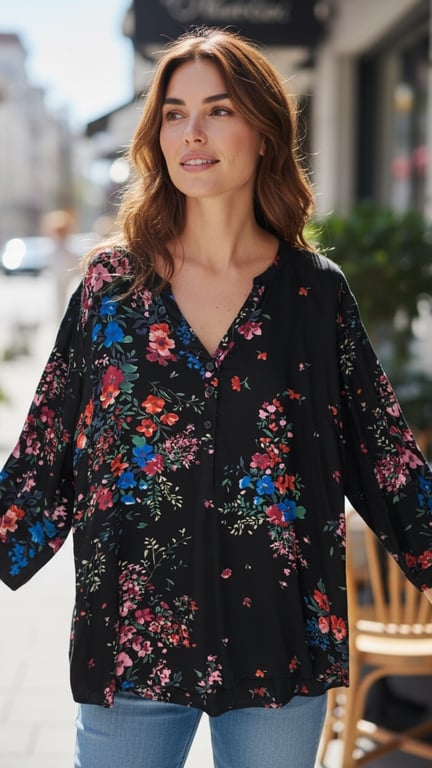 Kvinde iført sort bluse med farverige blomsterprint og blå jeans, står udendørs på en bygade.