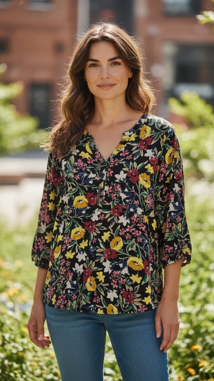 Kvinde med langt brunt hår iført blomstret bluse og blå jeans, stående udendørs med grønt buskads og bygninger i baggrunden.