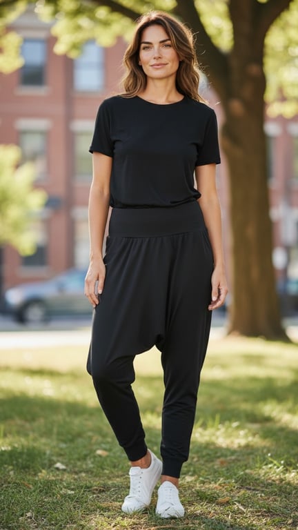 Kvinde iført sort t-shirt og sort sagging bukser med hvide sneakers stående udendørs på græs med træ og bygninger i baggrunden.