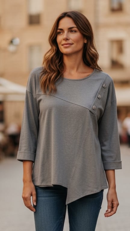 Kvinde med mellemlangt bølget hår iført asymmetrisk grå bluse med knapper og blå jeans, stående udendørs.