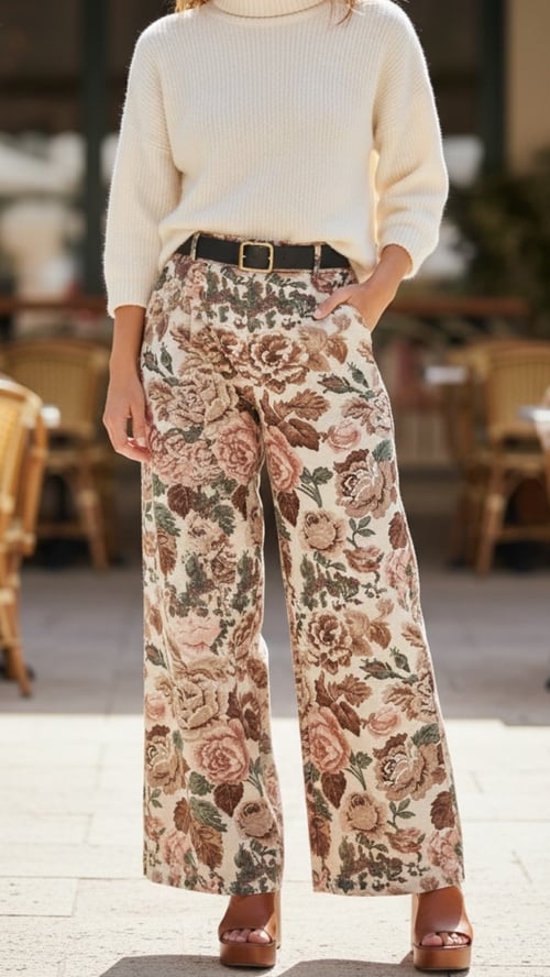 Kvinde iført cremefarvet strikbluse, blomstrede vidde bukser med blomsterprint i beige og brune nuancer, sort bælte og brune sandaler. (1)