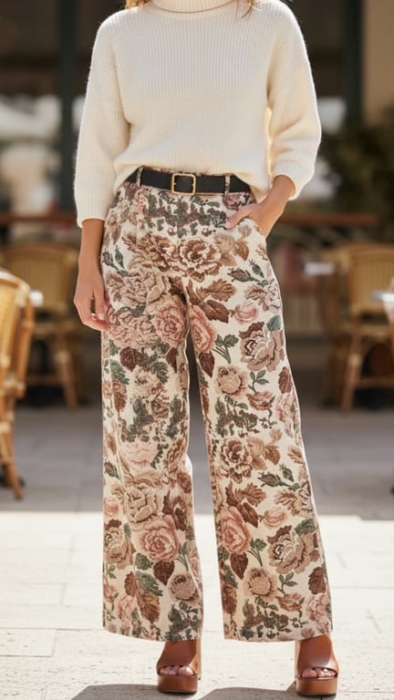 Kvinde iført cremefarvet strikbluse, blomstrede vidde bukser med blomsterprint i beige og brune nuancer, sort bælte og brune sandaler.