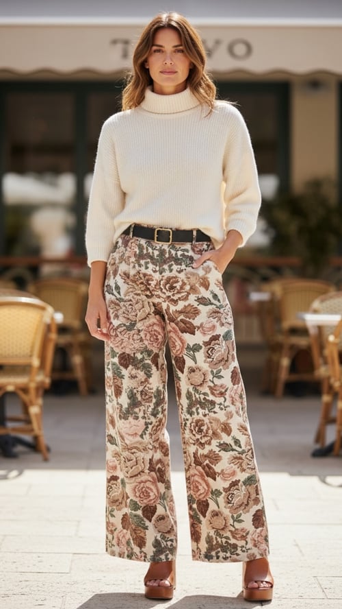 Summer flower pants, Beige-brown-rose. Onesize 36-42. (2)