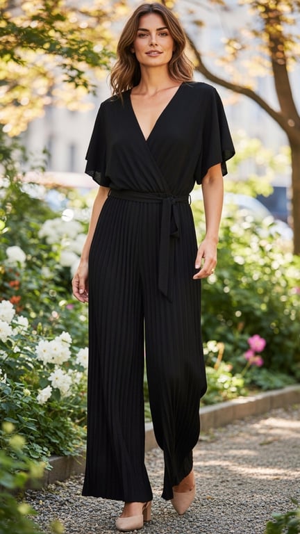 Kvinde iført sort jumpsuit med korte ærmer og bælte, gående i blomsterfyldt have på solskinsdag.