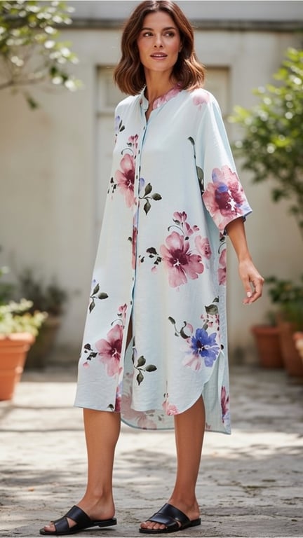 Kvinde iført lyseblå kjole med store blomsterprint i rosa og blå nuancer, stående udendørs på brostensbelagt sti med planter i baggrunden.