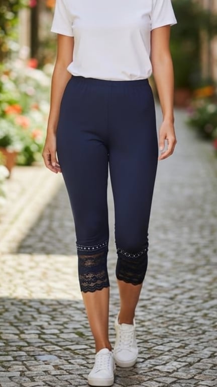 Kvinde iført mørkeblå ankellange leggings med blonder og nitte-detaljer forneden, hvid t-shirt og hvide sneakers, gående på brostensbelagt sti.