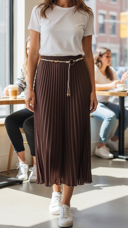 Kvinde iført hvid t-shirt, brun plisseret nederdel med bælte og hvide sneakers, stående i café med personer i baggrunden.