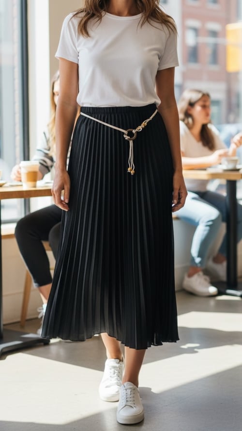 Kvinde i hvid t-shirt, sort plisseret nederdel med bælte og hvide sneakers stående i en café. (1)
