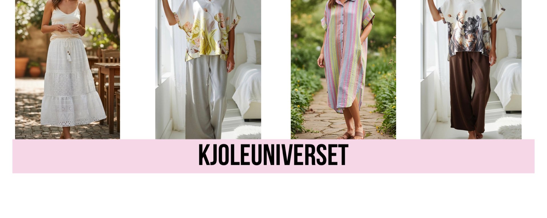 Kvinde i fire forskellige farverige kjoler, der står i både udendørs og indendørs miljøer, med teksten "KJOLEUNIVERSET" under billederne.