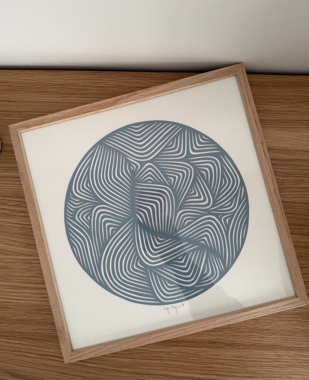 30x30cm, papercut, dueblå-hvid, indrammet 