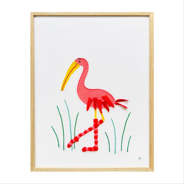 Varme flamingotæer – broderi 30 x 40 cm