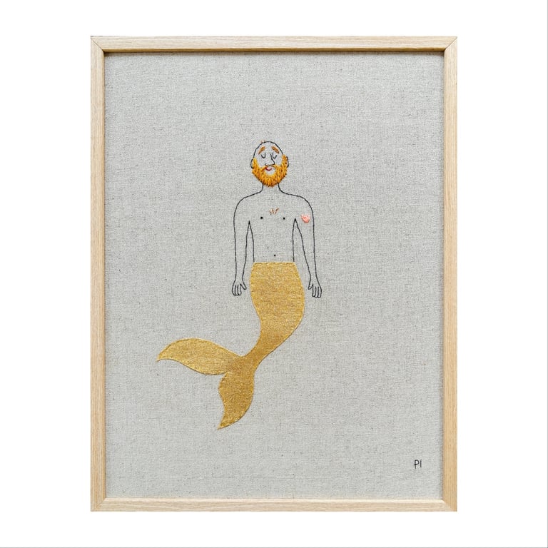 Havmand– guld – broderi 30 x 40 cm