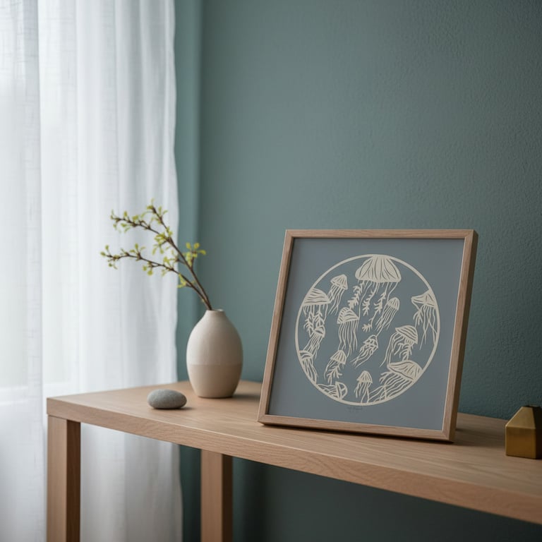 Et lyst træbord foran en grøn væg med et hvidt keramikvase med en gren og en billedramme, der viser en enkel illustration af vandmænd i en cirkel.