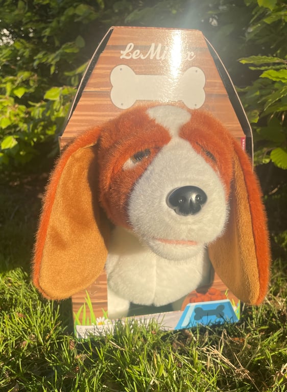 Bamse formet som en brun og hvid hund med lange ører i en papæske med mærket LeMieux, placeret på græs under solen.