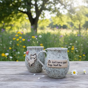 Keramik krus med tekst - En kattens god kop kaffe, med katte motiv – produktbillede