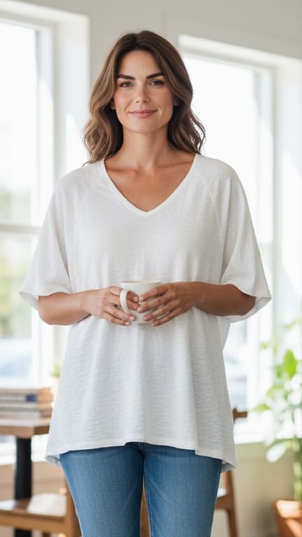 Kvinde iført hvid bluse og blå jeans, smilende og holdende en kop, stående i lyst rum med vinduer.