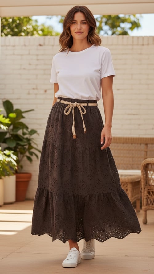Clotilde cotton skirt. Chokolate broderi anglaise. Onesize 36-46. (2)