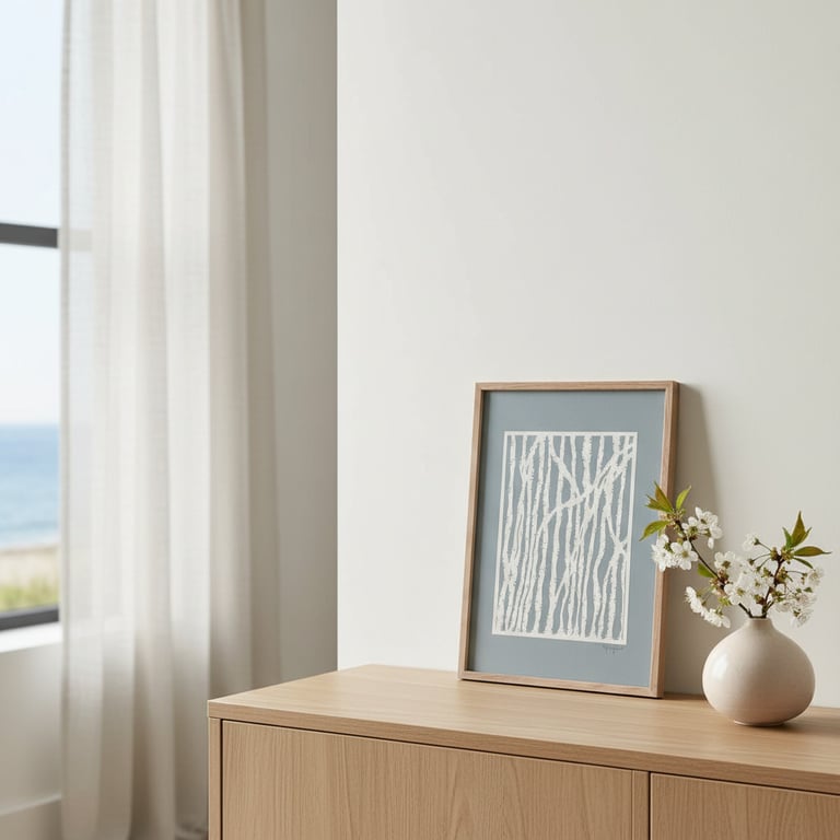 Stilleben med en trækommode, et indrammet kunsttryk med hvide streger på blåt baggrund og en rund vase med blomstrende grene, placeret ved siden af et vindue med hvide gardiner og udsigt til havet.