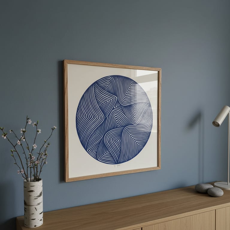 Billede af en moderne stue med blå væg, et træskab, en bordlampe, en vase med blomster og en indrammet abstrakt cirkulær kunst med blå og hvide linjer.